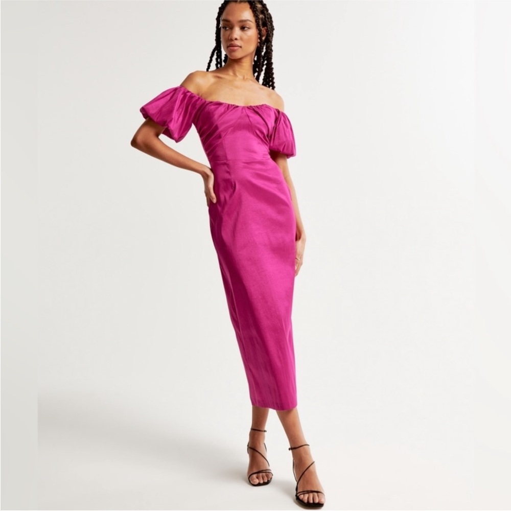 NWT Abercrombie & Fitch A&F Taffeta Off-Shoulder MIDI Dress Fuchsia XS